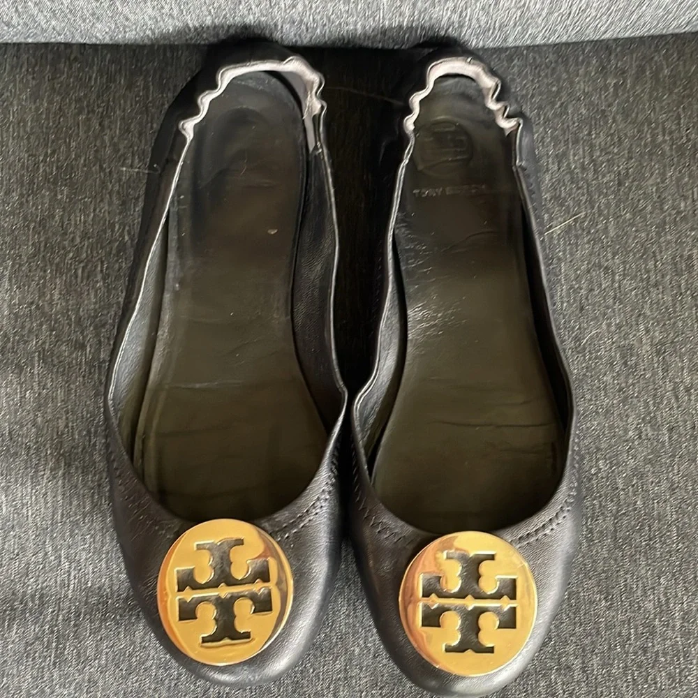 Tory Burch Minnie travel ballerinas gold logo US 6,5 black leather flats